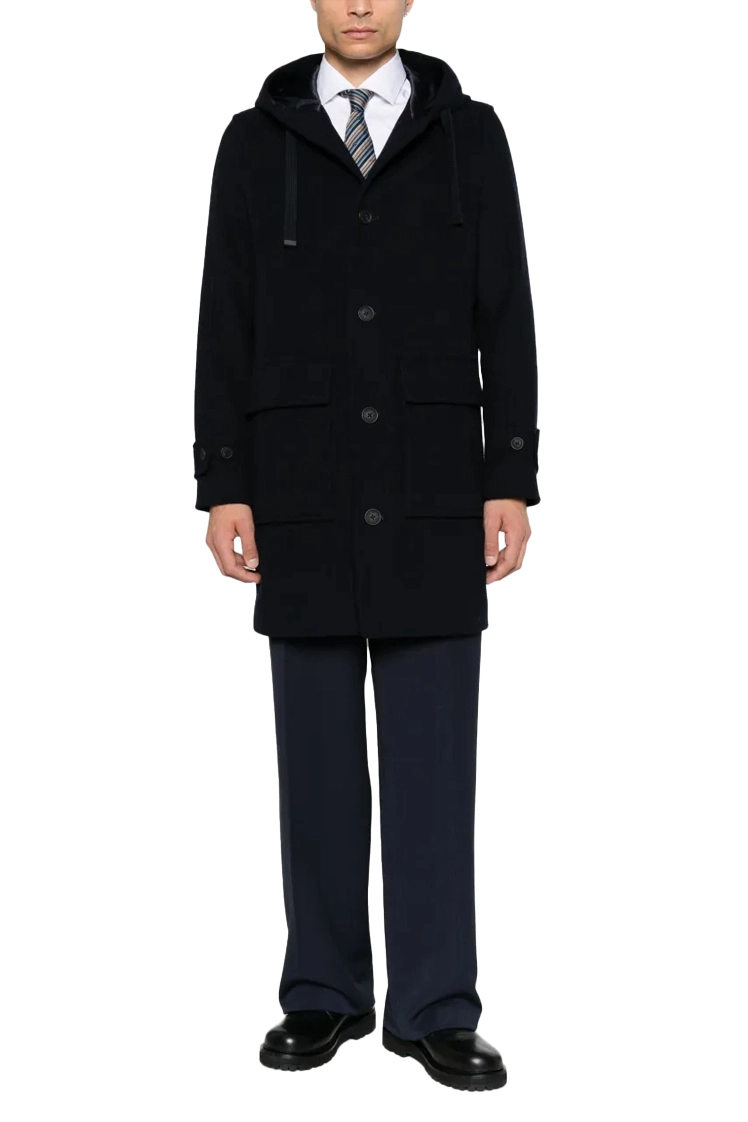CAPPOTTO CORTO CON CAPPUCCIO CON COULISSE E TASCHE FRONTALI UOMO BLU