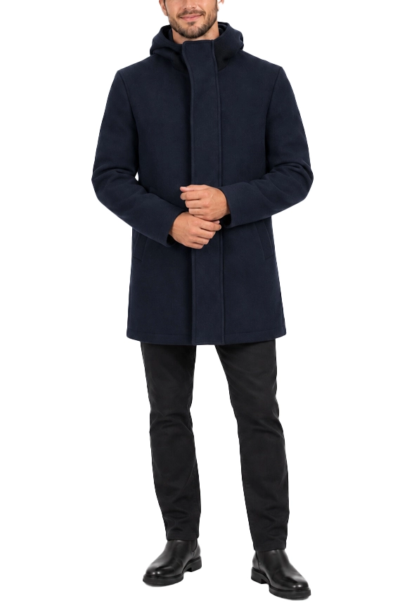 CAPPOTTO CORTO IN LANA CON CAPPUCCIO UOMO BLU