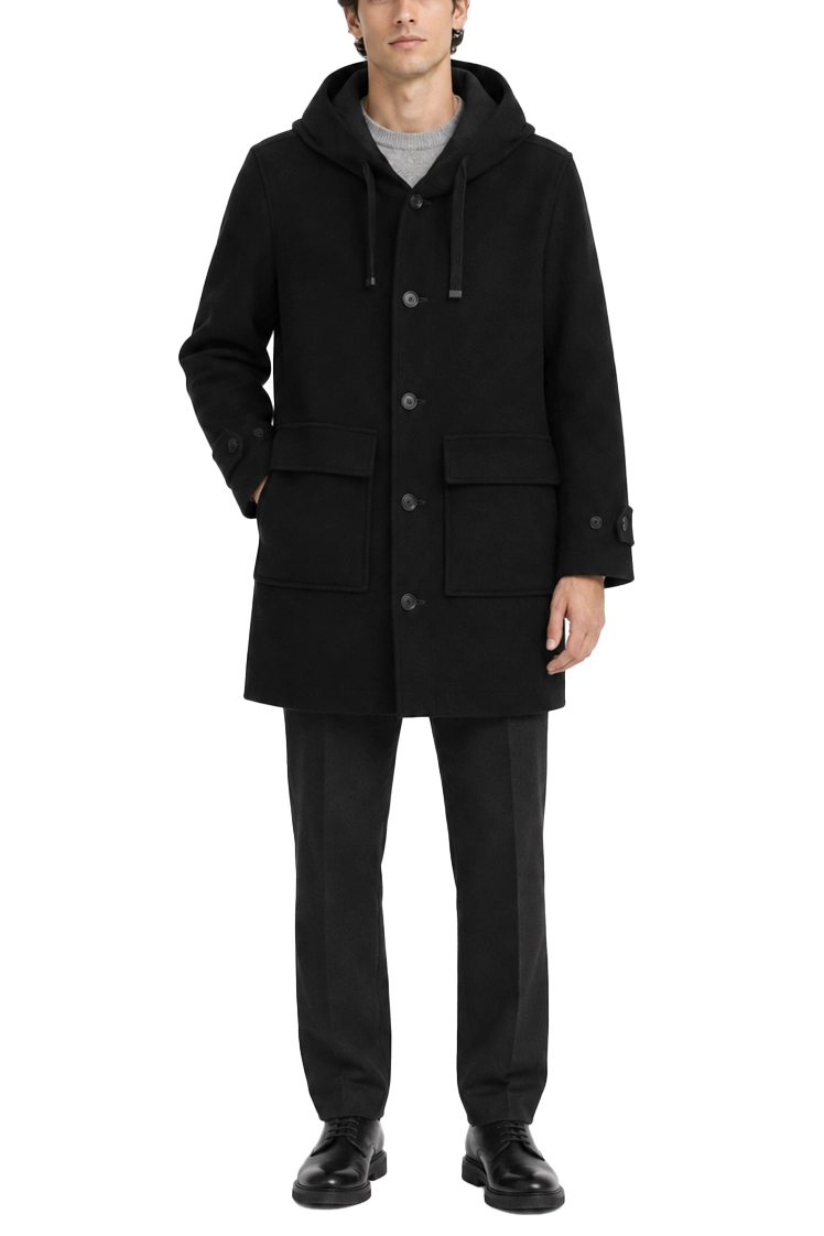 CAPPOTTO CORTO CON CAPPUCCIO CON COULISSE E TASCHE FRONTALI UOMO NERO
