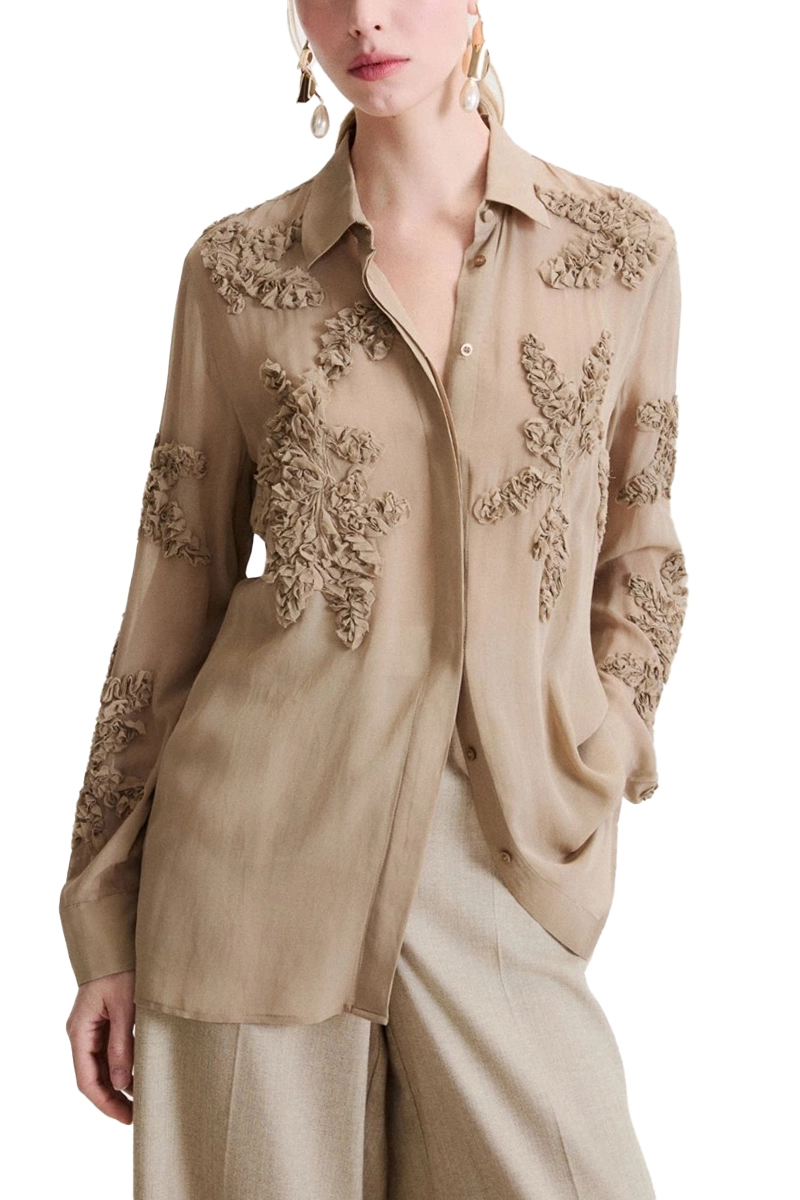 CAMICIA IN GEORGETTE DI VISCOSA CON FIORI RICAMATI DONNA BEIGE