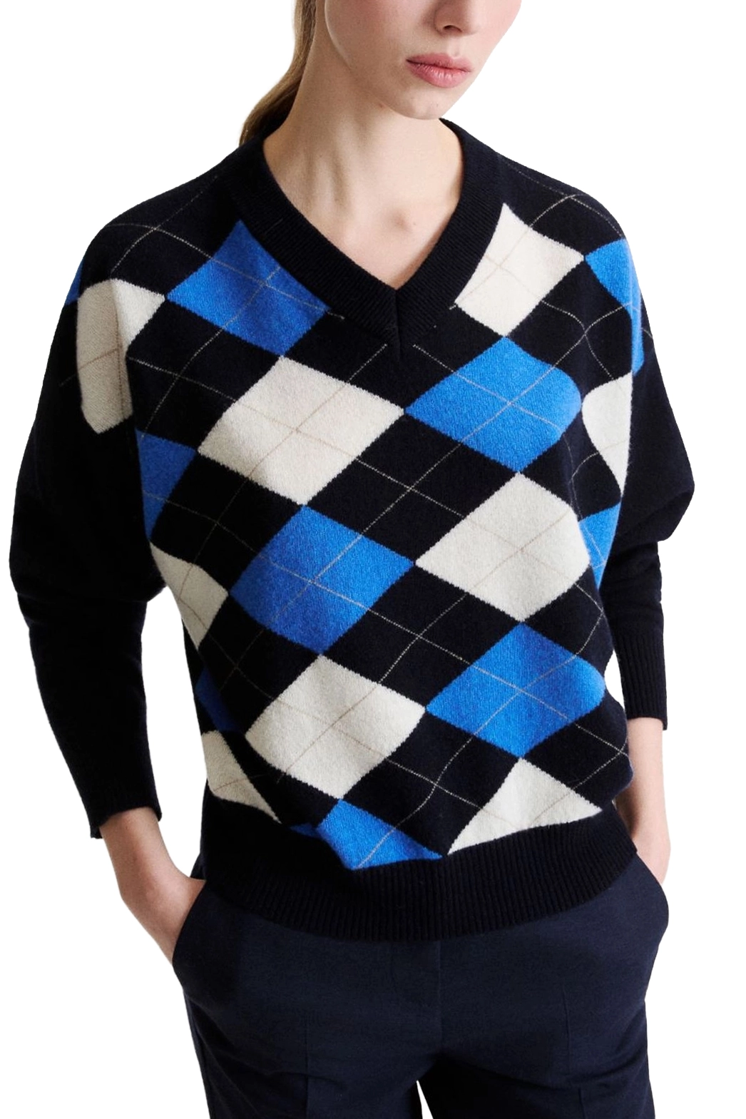 MAGLIA CON SCOLLO A V A ROMBI IN MISTO LANA E CASHMERE DONNA  BLU