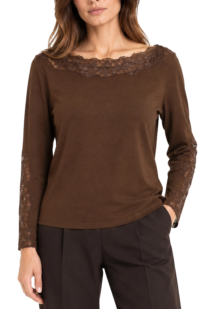 MAGLIA CON SCOLLO A BARCA IN MISTO LANA CON PIZZO DONNA MARRONE