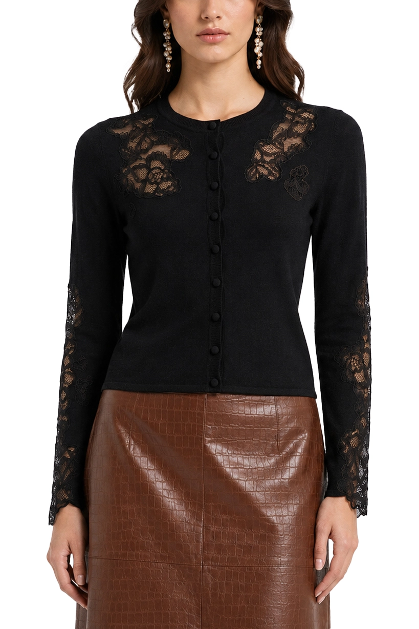CARDIGAN  IN MISTO LANA CON INSERTI IN PIZZO DONNA NERO