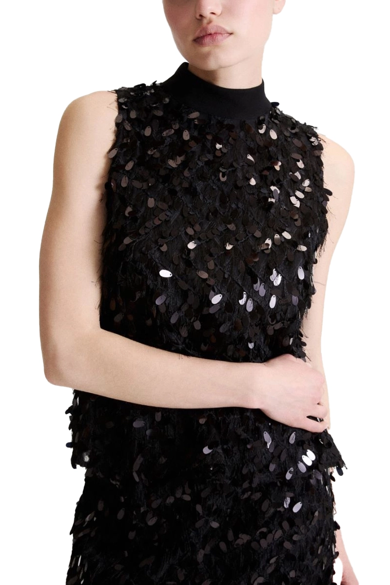 TOP IN FIL COUPÉ CON MAXI PAILLETTE DONNA NERO