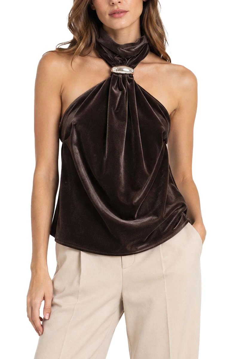 TOP IN VELLUTO LISCIO STRETCH CON DRAPPEGGIO DONNA MARRONE