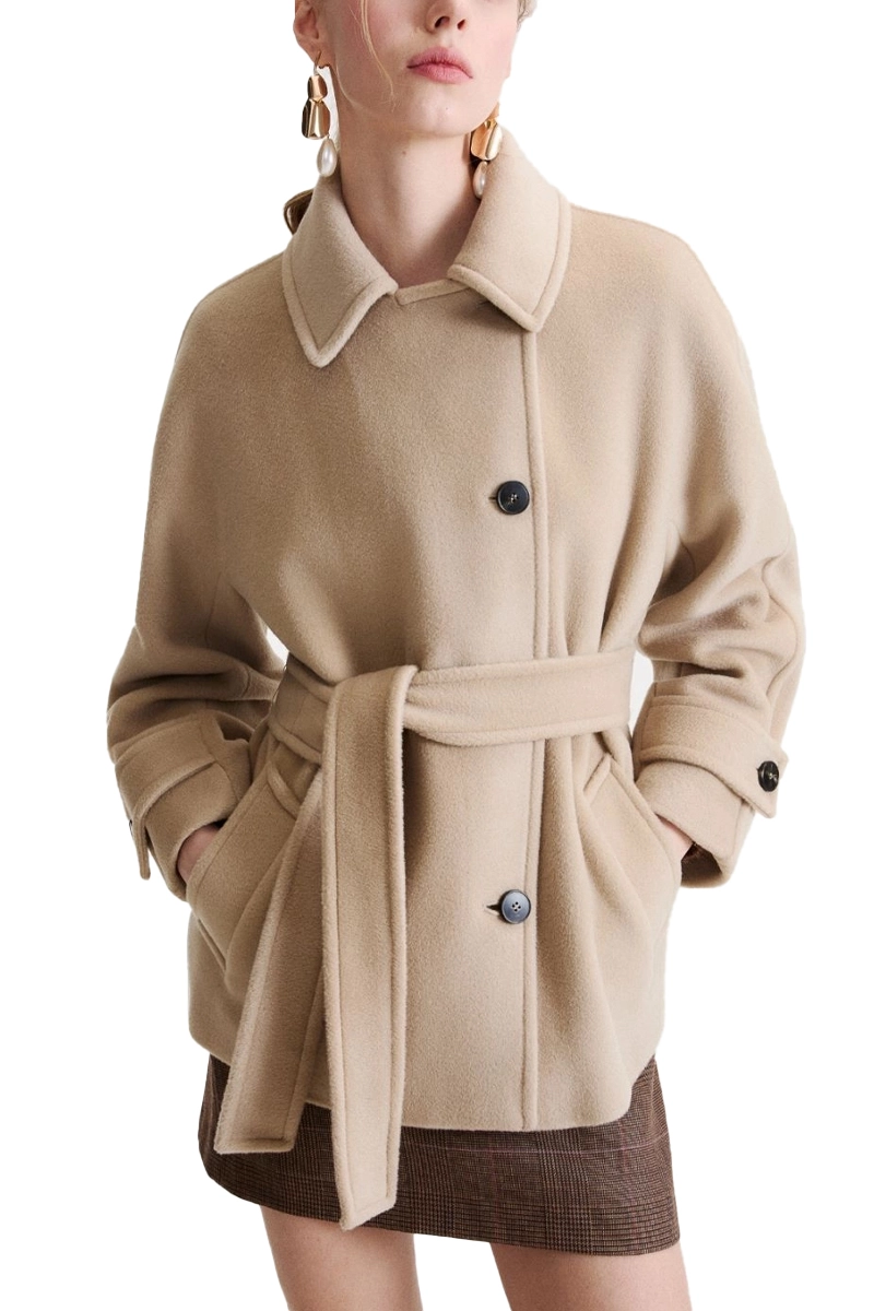 CAPPORTO CORTO IN PURA LANA VERGINE CON CINTURA DONNA BEIGE