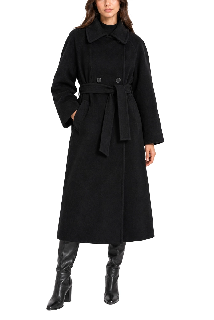 CAPPOTTO LUNGO DOPPIOPETTO IN PURA LANA VERGINE CON CINTURA DONNA NERO