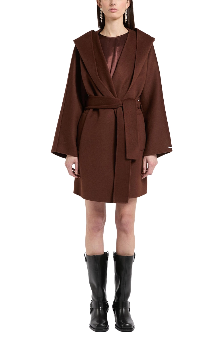 CAPPOTTO CORTO IN PURA LANA CON CINTURA DONNA MARRONE