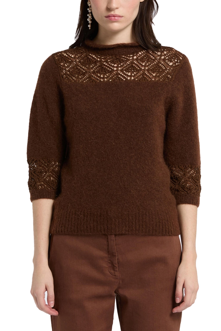 MAGLIA GIROCOLLO IN BABY ALPACA CON PIZZO DONNA MARRONE