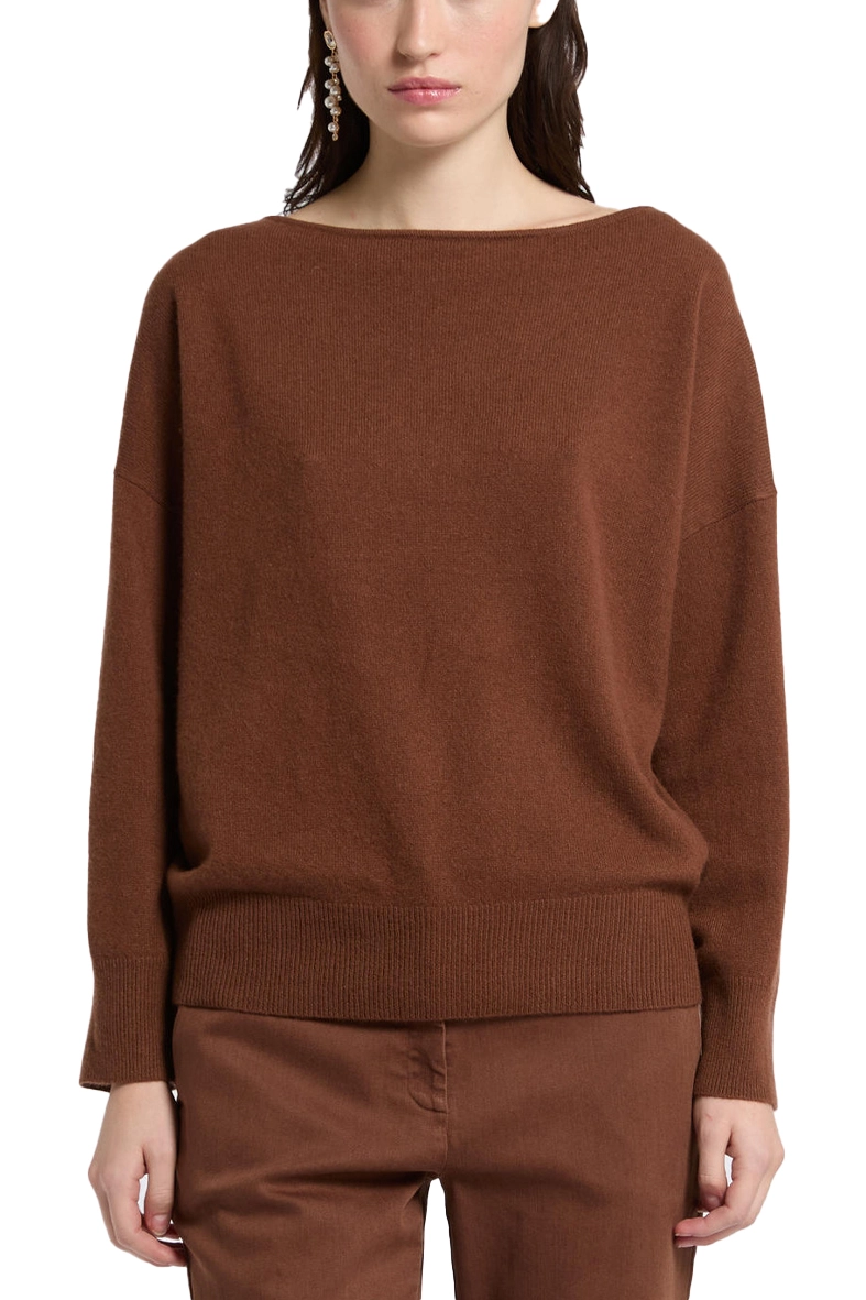 MAGLIA CON SCOLLO A BARCA IN PURO CASHMERE DONNA MARRONE