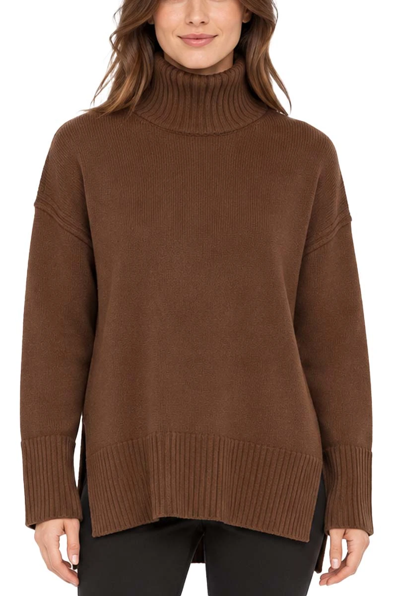 MAGLIA DOLCEVITA CON DETTAGLI COSTINE IN PURA LANA DONNA MARRONE