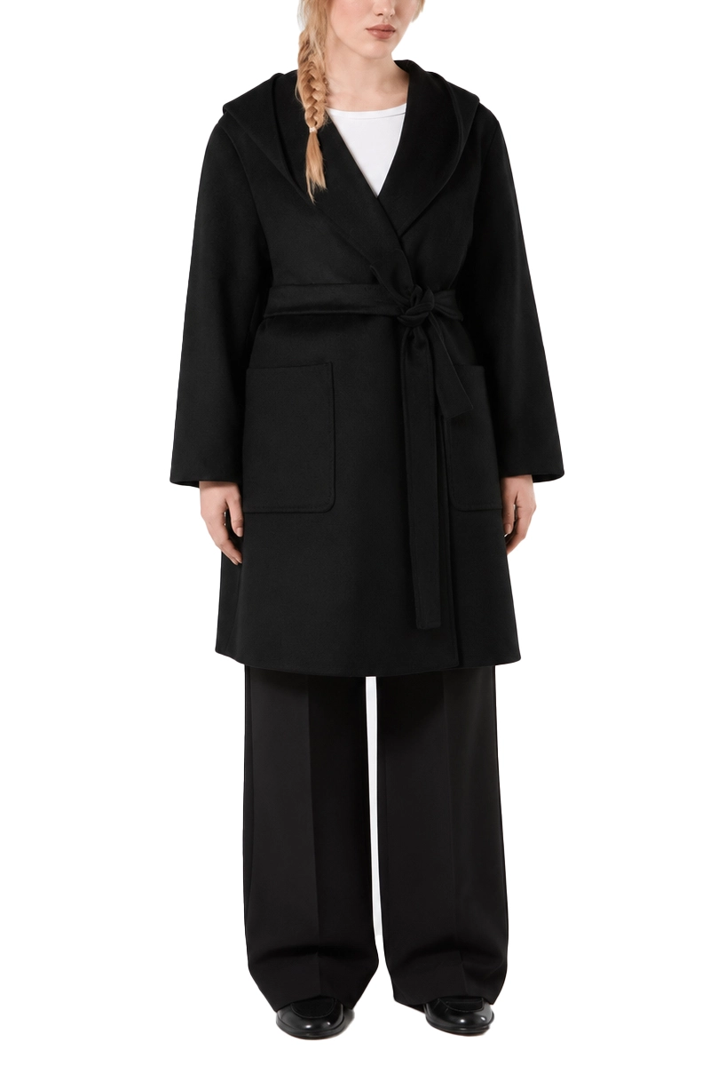 CAPPOTTO CORTO IN PURA LANA VERGINE CON CAPPUCCIO E CINTURA DONNA NERO