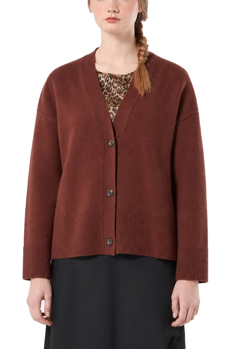 CARDIGAN BOXY IN PURA LANA VERGINE CON SCOLLO A V DONNA MARRONE