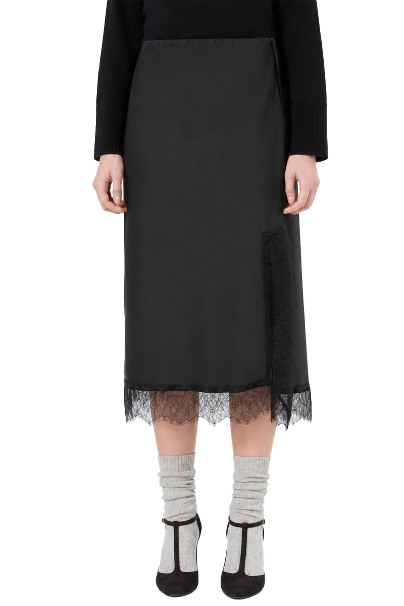GONNA IN SATIN CON PIZZO CHANTILLY E SPACCO LATERALE DONNA NERO
