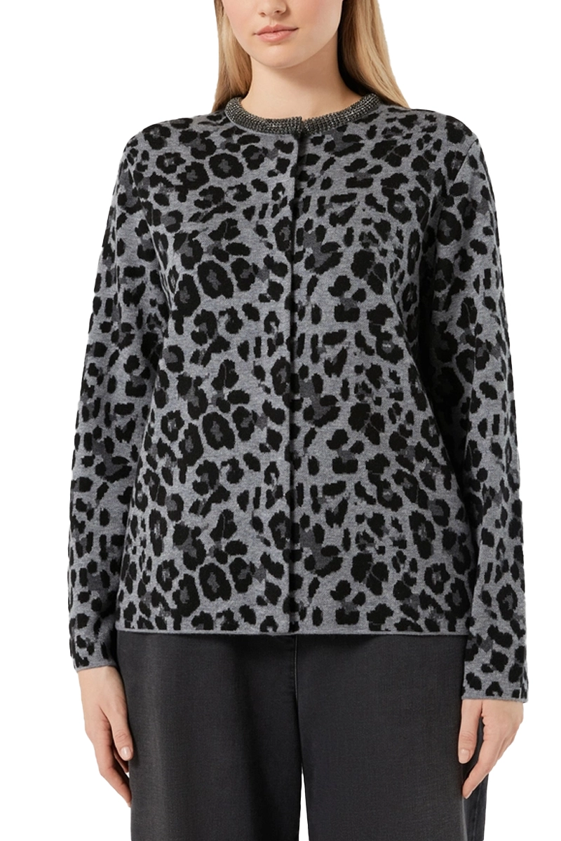 CARDIGAN MISTO LANA JACQUARD PIQUET CON STRASS SUL COLLO  DONNA GRIGIO