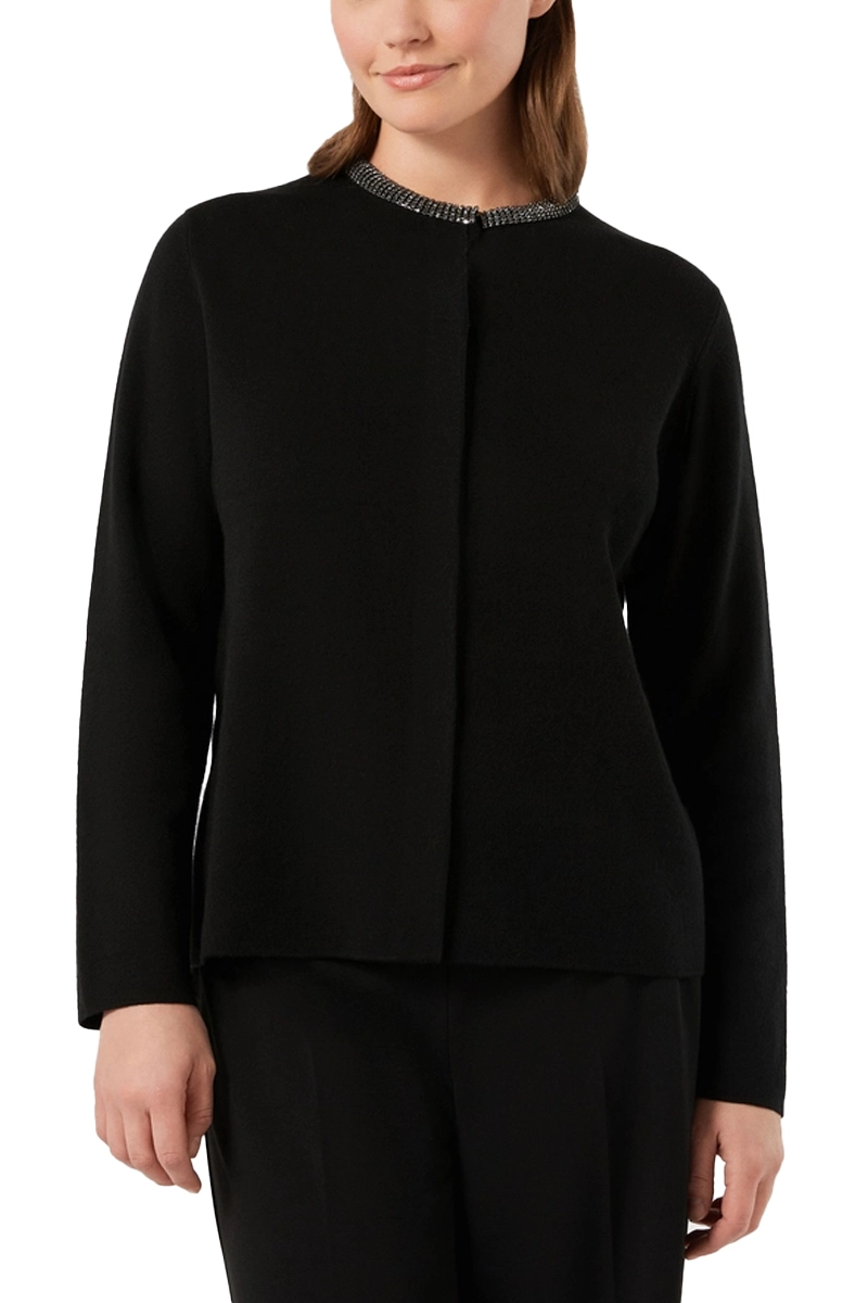 CARDIGAN MISTO LANA JACQUARD PIQUET CON STRASS SUL COLLO DONNA NERO