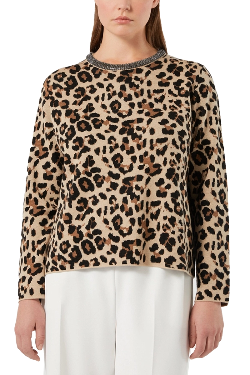 MAGLIA GIROCOLLO IN MISTO LANA JACQUARD PIQUET CON STRASS DONNA BEIGE