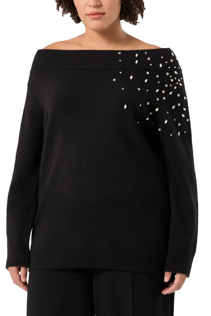 MAGLIA CON SCOLLO A BARCA APERTO SULLE SPALLE CON STRASS DONNA NERO