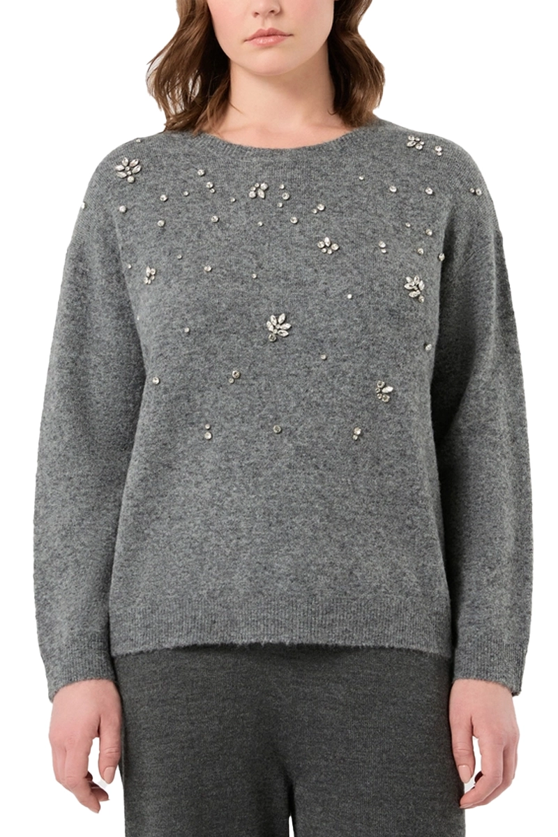 MAGLIA GIROCOLLO CON STRASS IN MISTO LANA E ALPACA DONNA GRIGIO