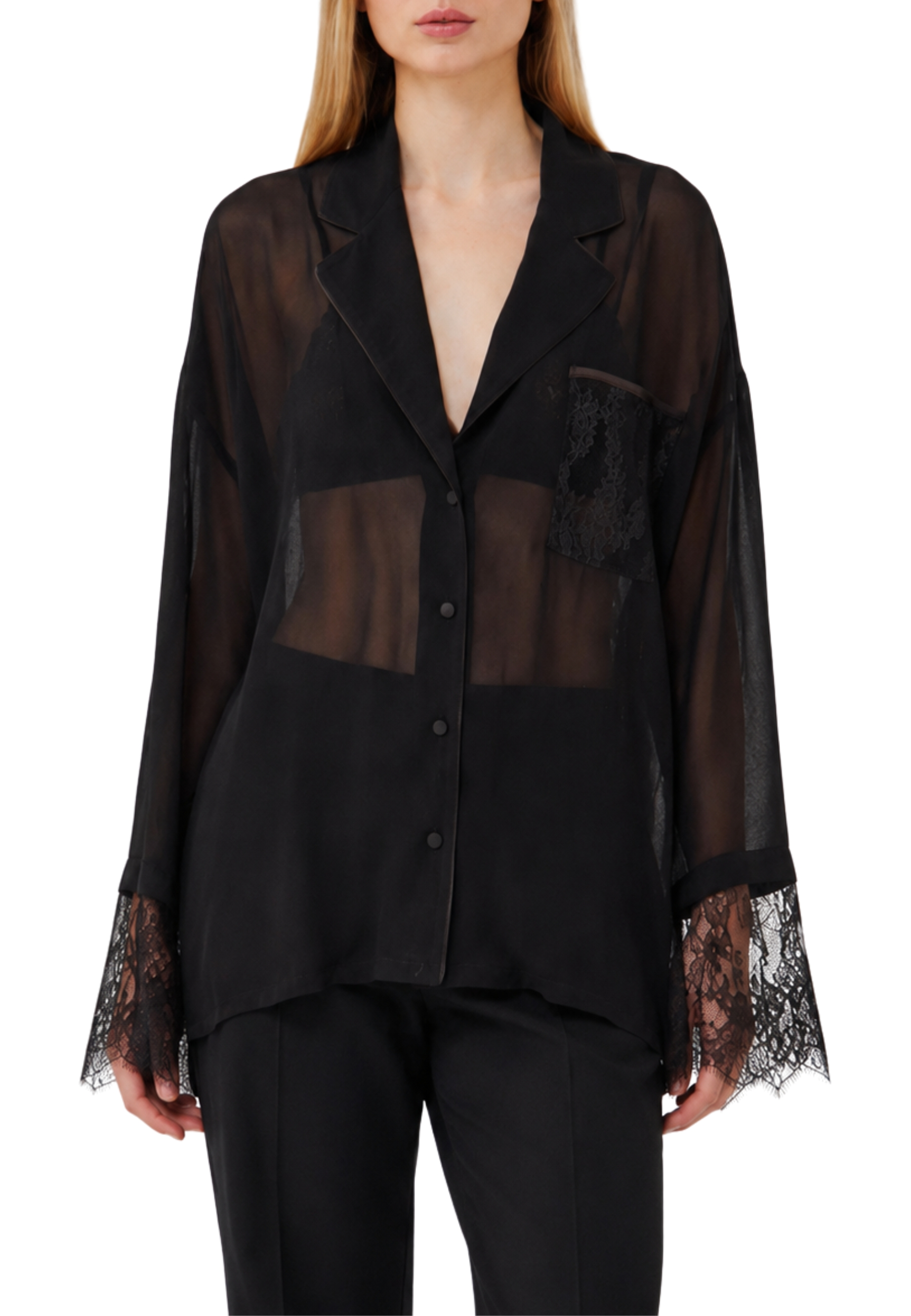 CAMICIA ELEGANTE A MANICHE LUNGHE IN PIZZO DONNA NERO
