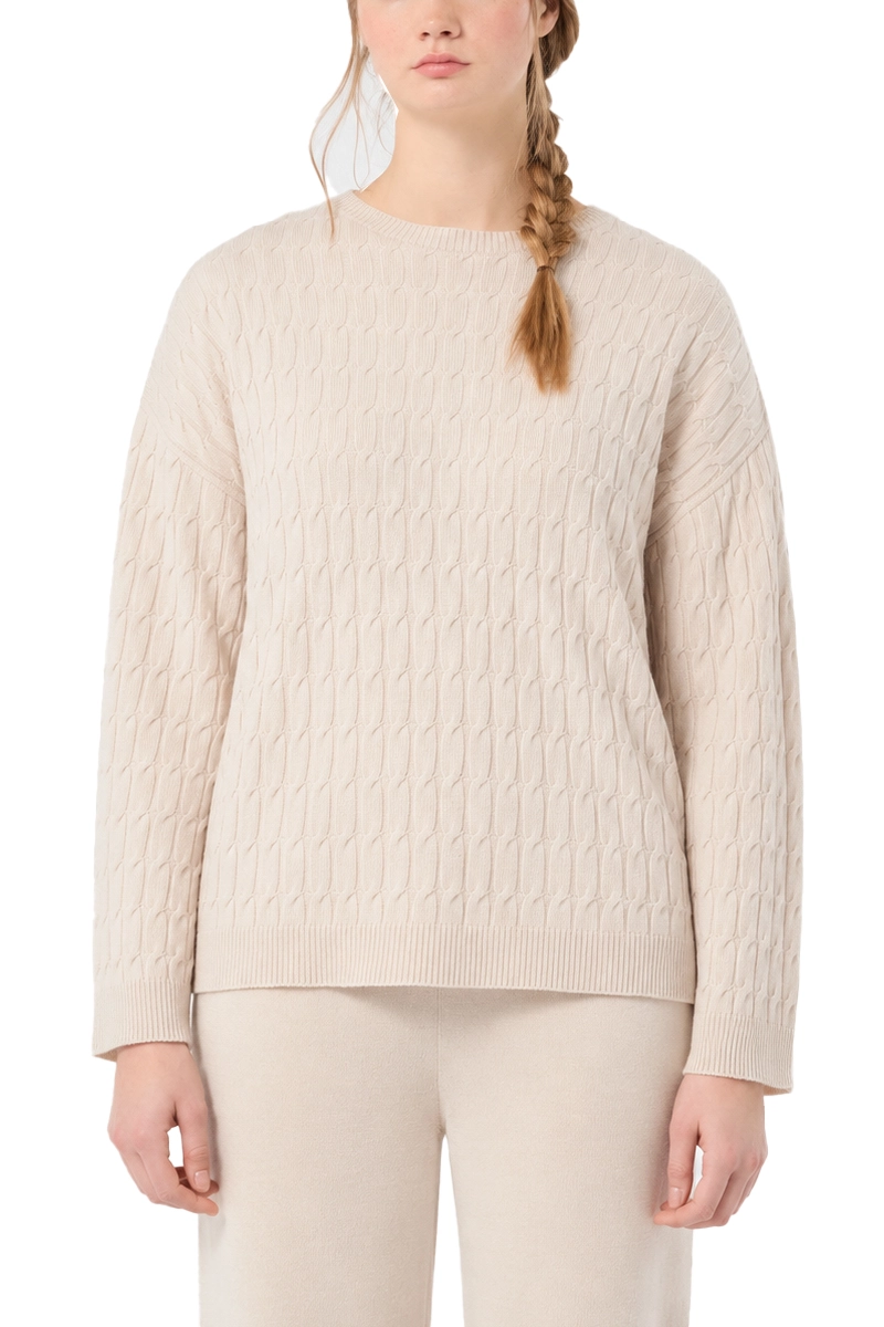 MAGLIA GIROCOLLO CON LAVORAZIONE A TRECCE IN MISTO LANA E CACHEMIRE DONNA BEIGE