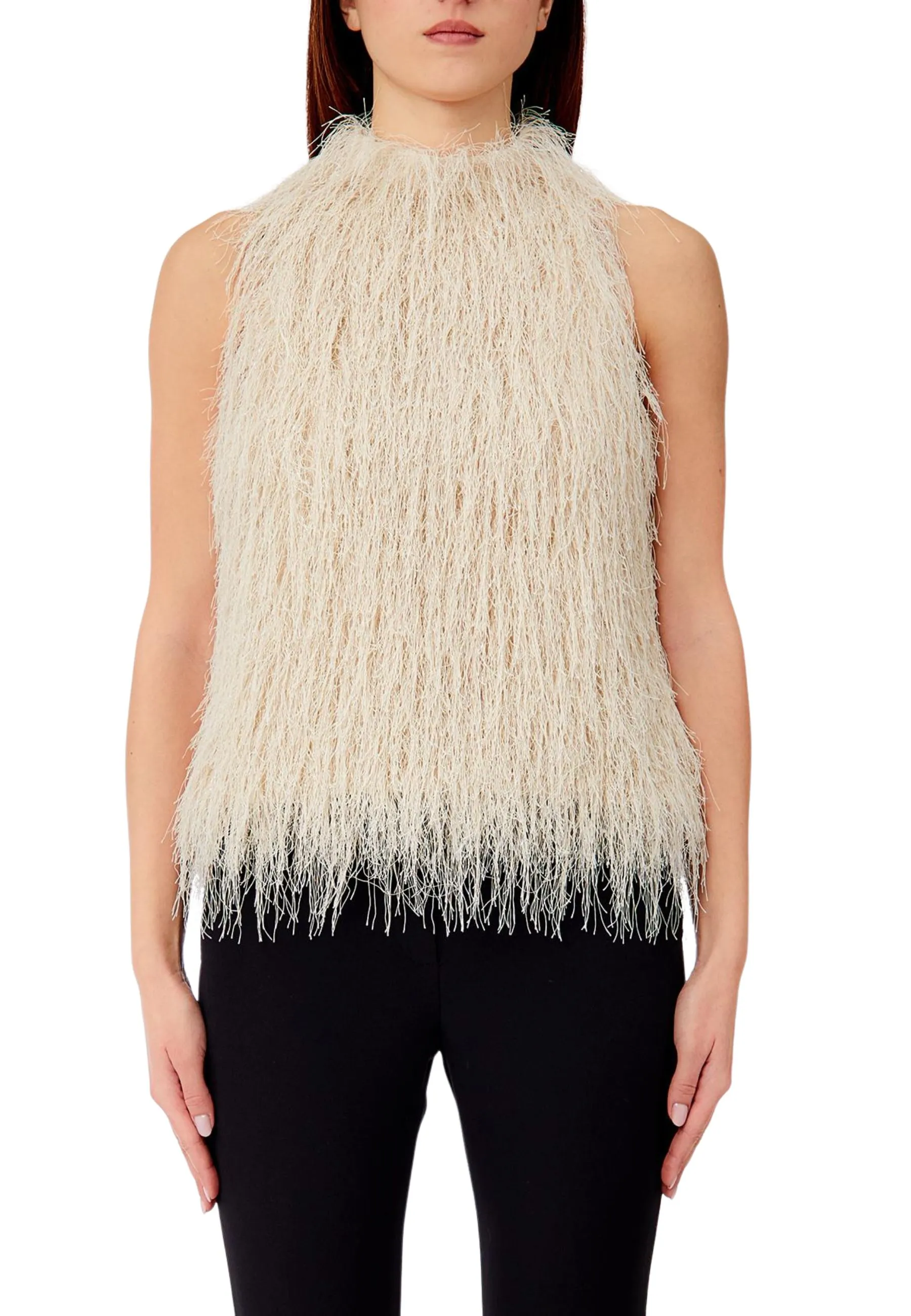 TOP SMANICATO CON FRANGE DONNA AVORIO