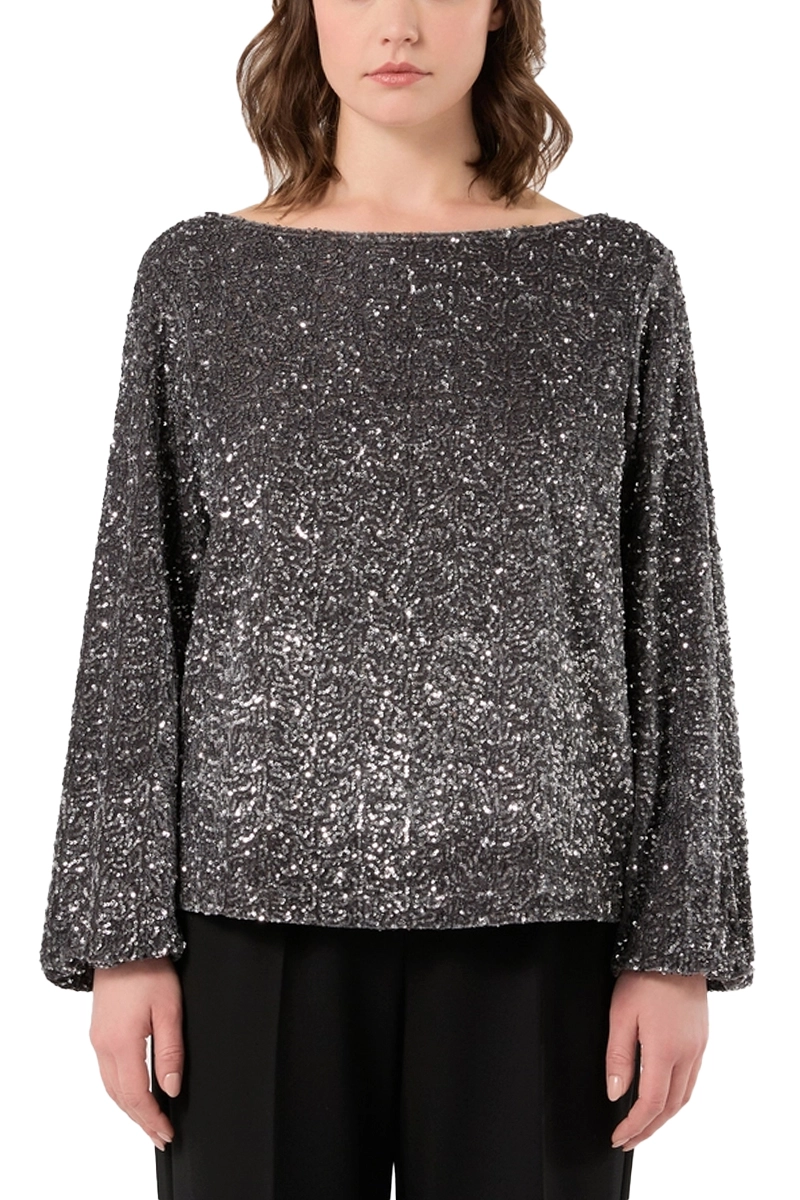 BLUSA A MANICA LUNGA IN CINIGLIA CON PAILLETTES DONNA GRIGIO