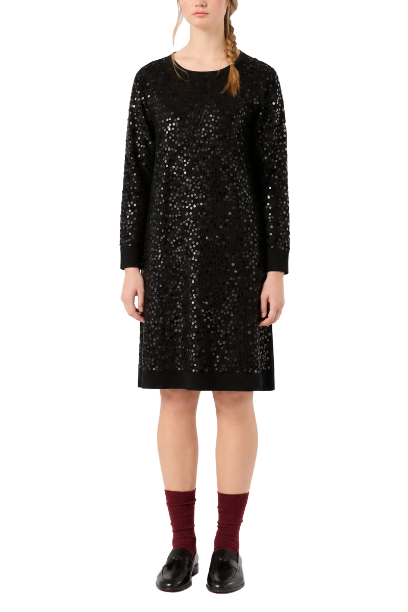VESTITO CORTO IN MAGLIA DI VISCOSA STRETCH CON PAILLETTES DONNA NERO