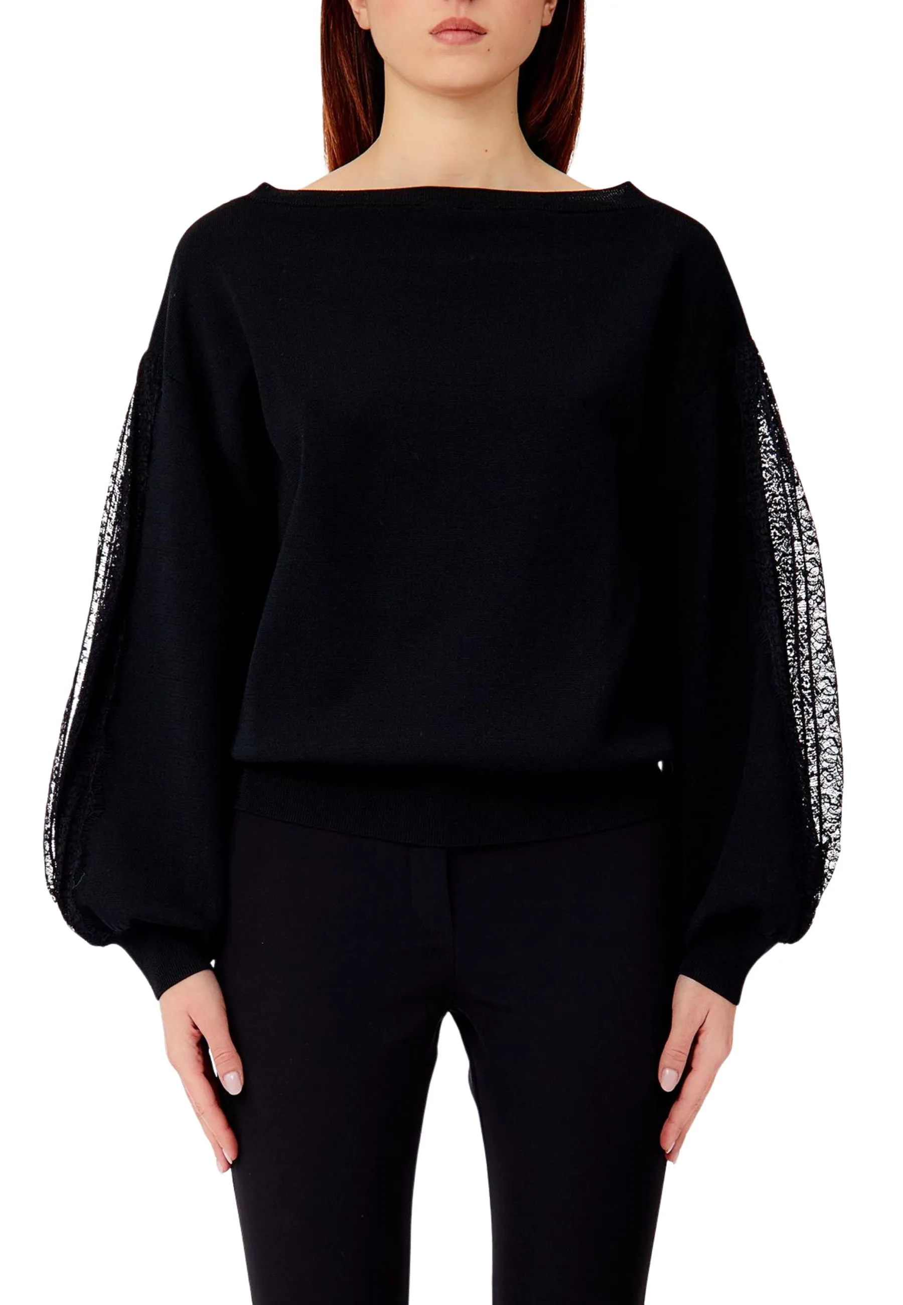 MAGLIA CON SCOLLO A BARCA E MANICHE VOLUMINOSE DONNA