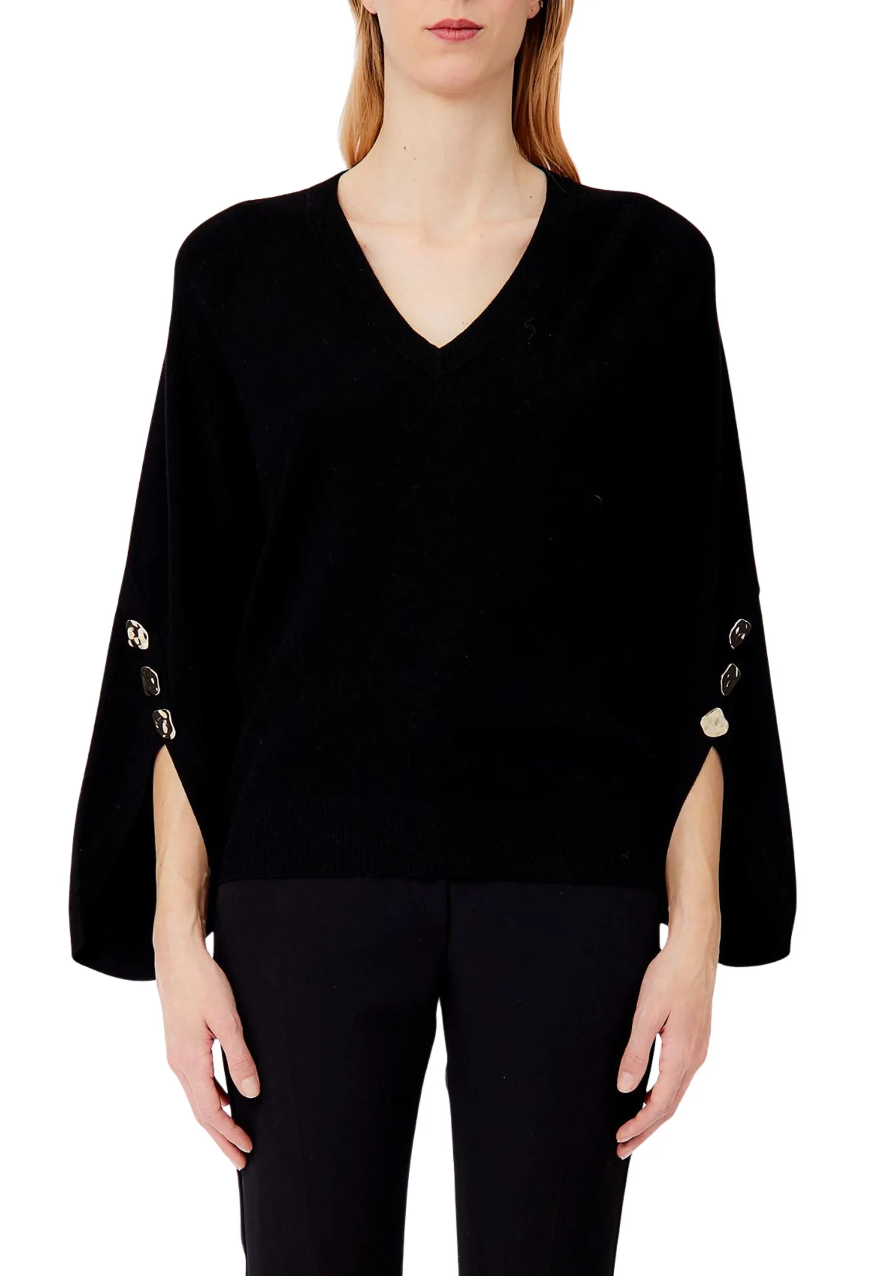 MAGLIA SCOLLO A V CON BOTTONI DORATI SU MANICHE DONNA NERO