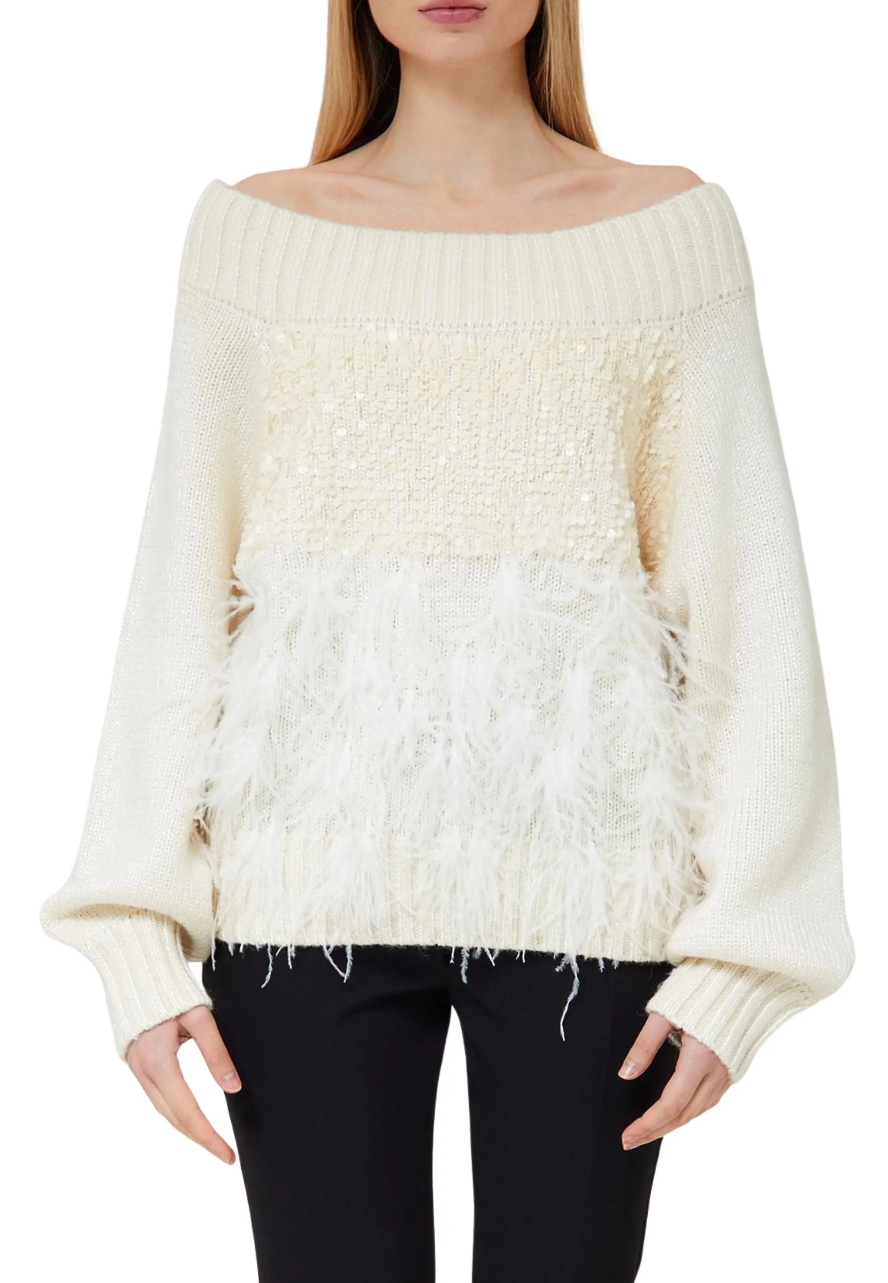 MAGLIA GIROCOLLO CON PIUME E PAILETTE DONNA