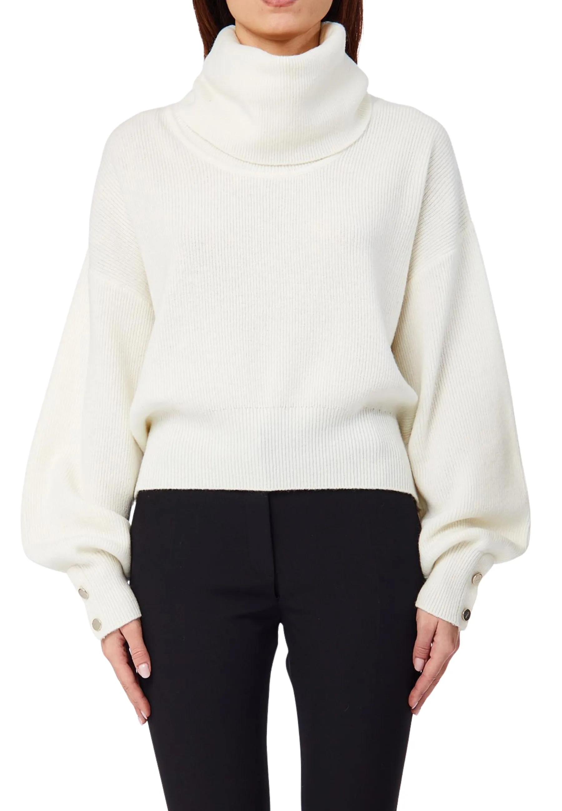 MAGLIA DOLCEVITA IN LANA ASIMMETRICA CON BOTTONI SU MANICA DONNA BIANCO