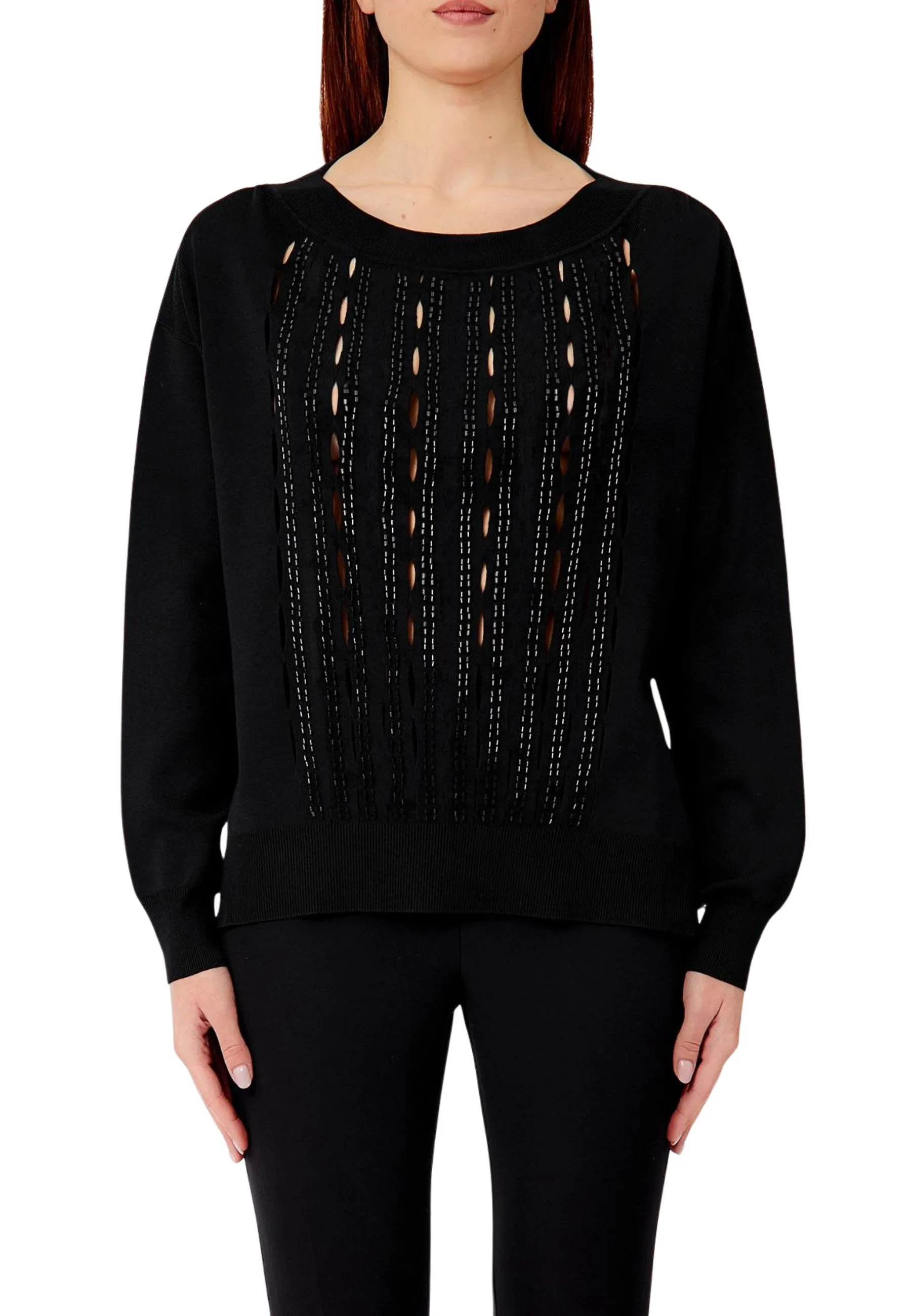 MAGLIA GIROCOLLO TRAFORATA CON PERLINE BAGUETTE IN TONO DONNA NERO