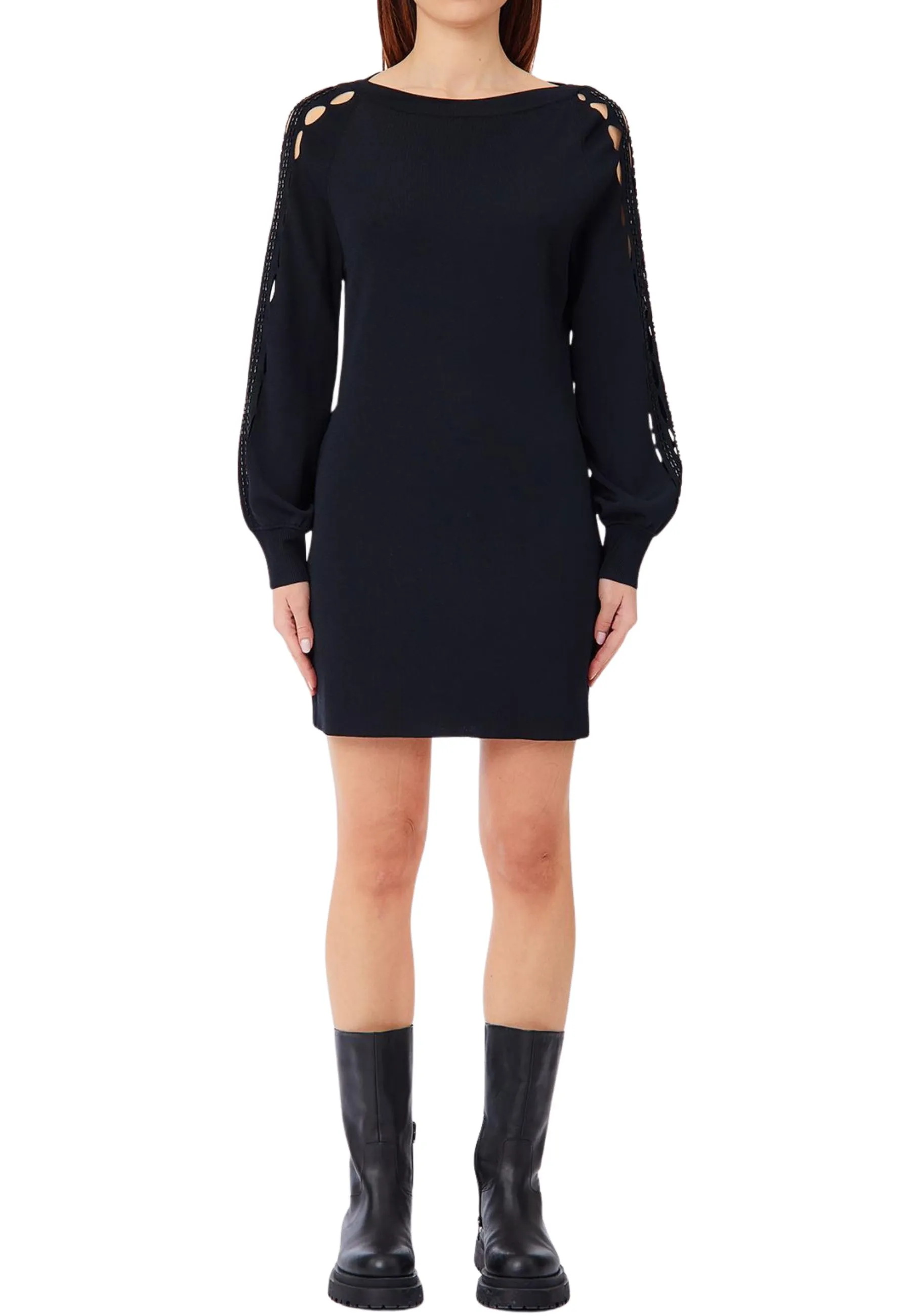 VESTITO CORTO TRAFORATO CON PERLINE BAGUETTE SU TONO DONNA NERO