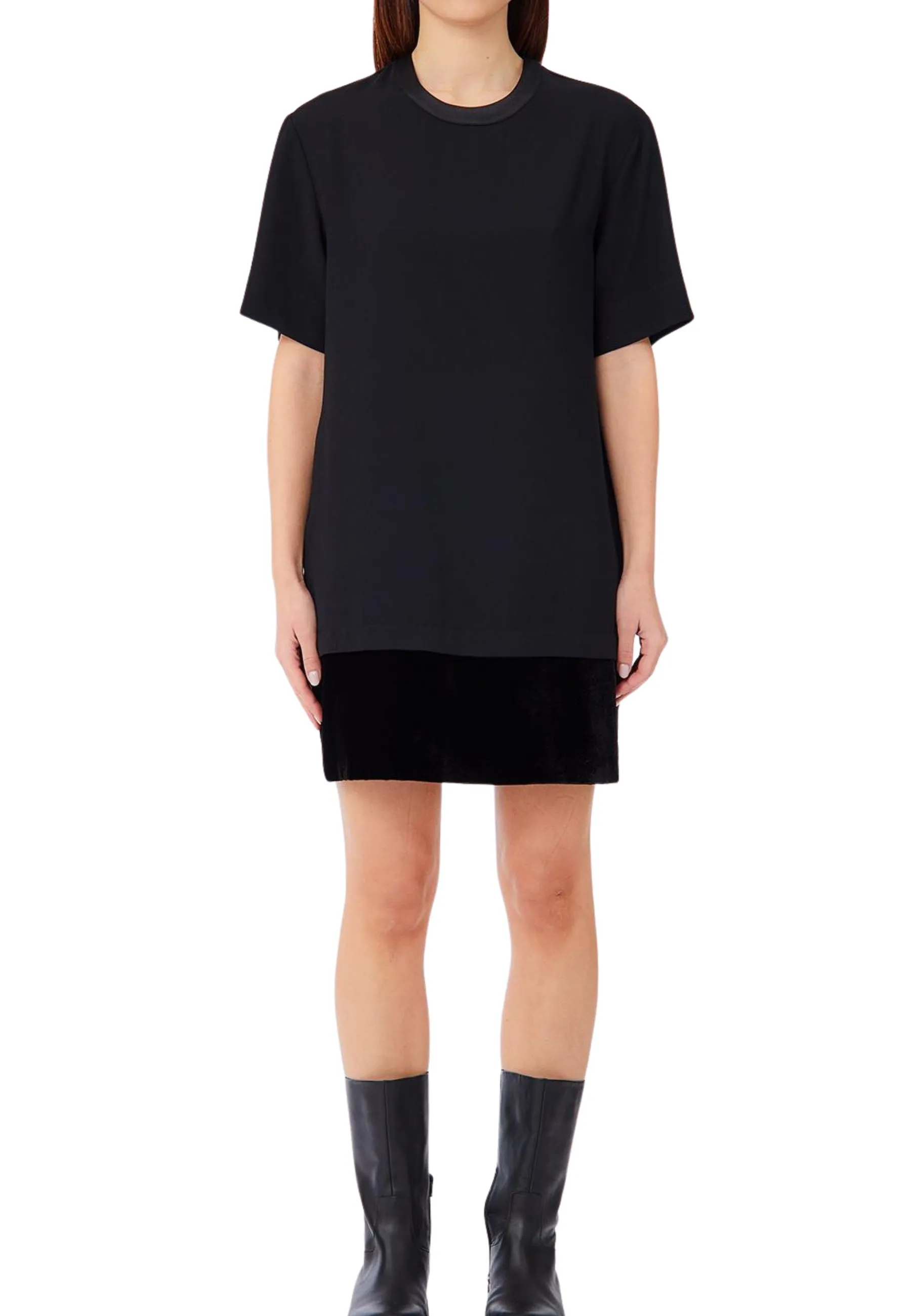 VESTITO CORTO A TUNICA CON INSERTO IN PIZZO DONNA NERO