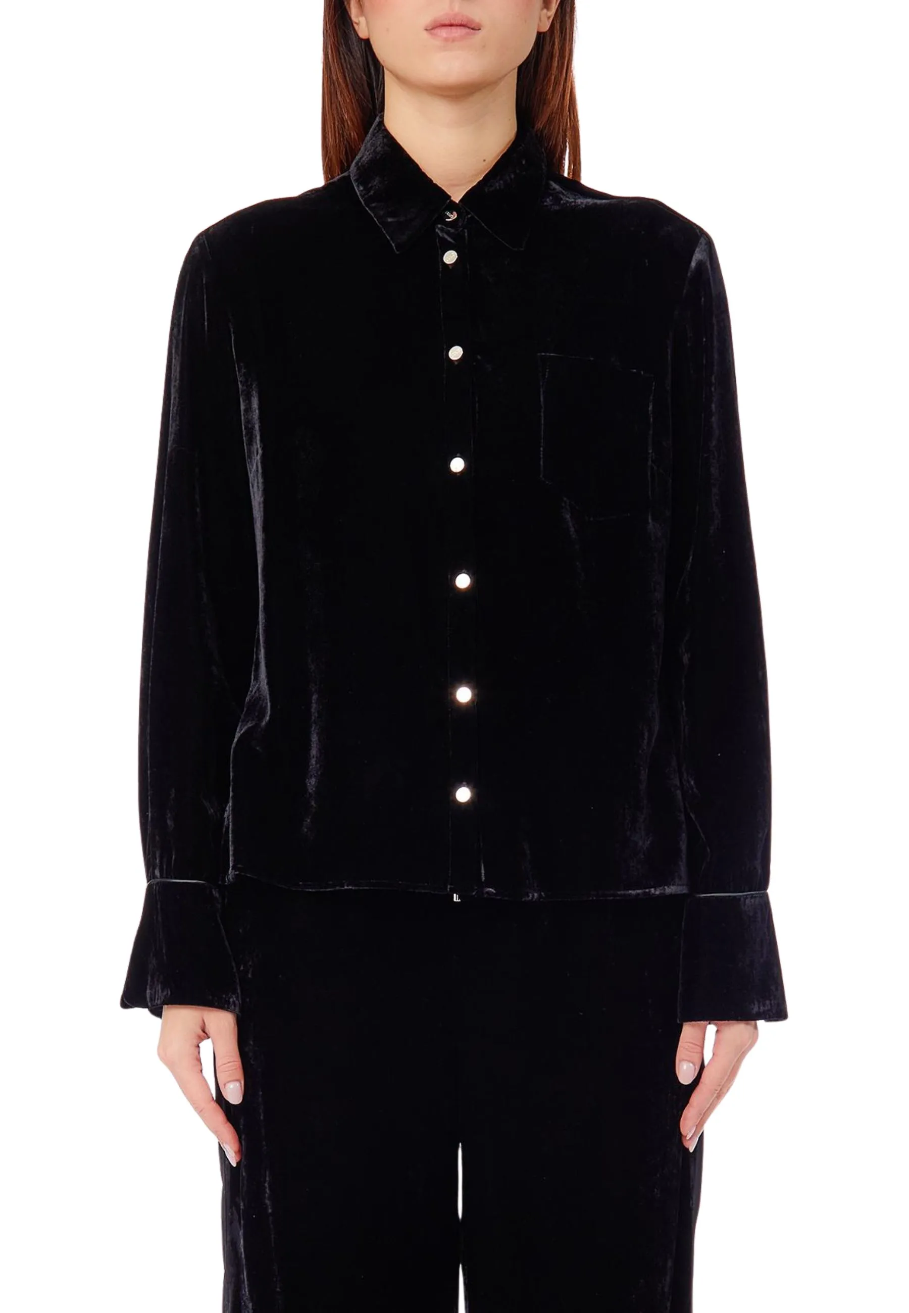 CAMICIA BI-MATERIALE CON PLISSE SU RETRO DONNA NERO