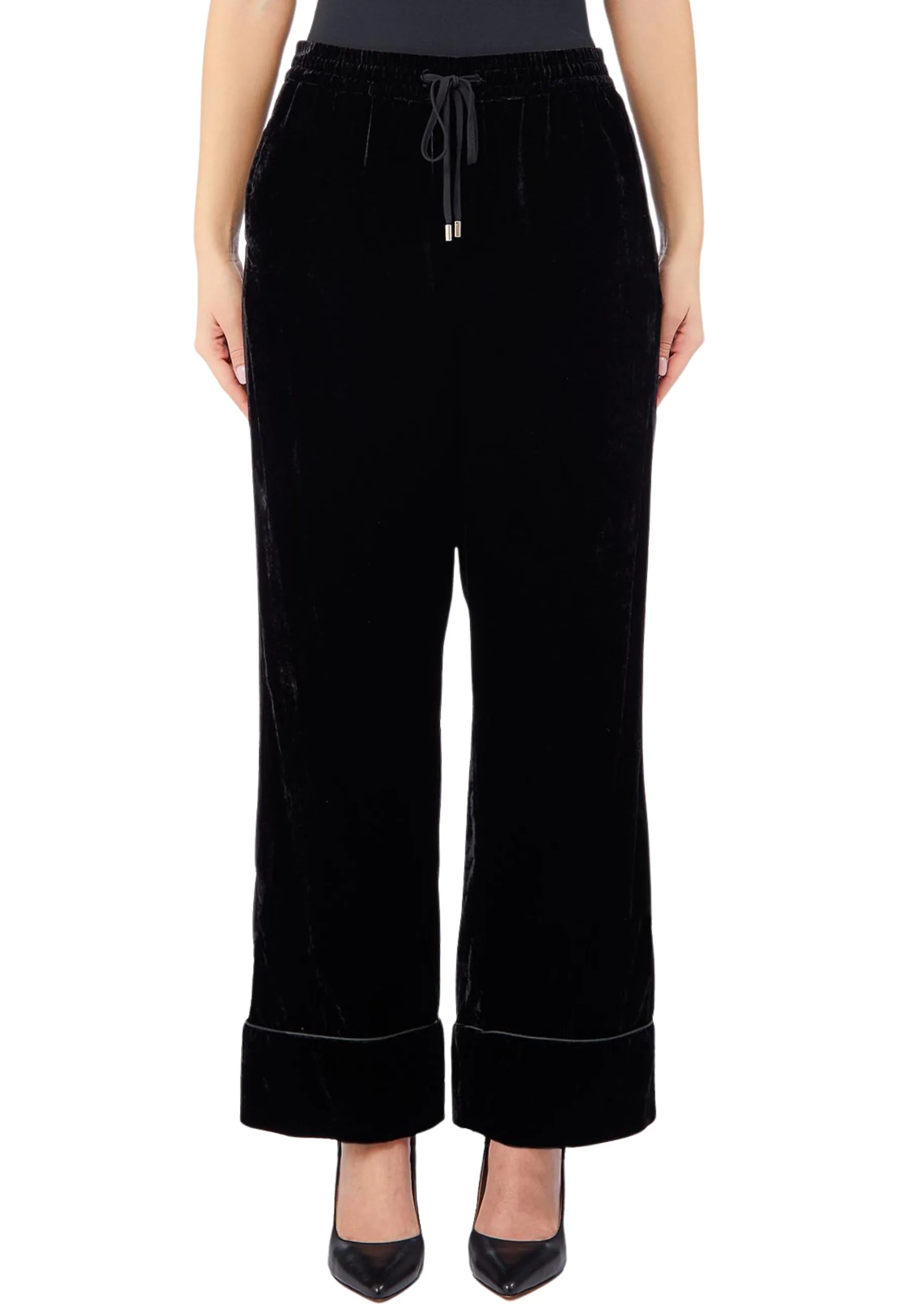PANTALONI PALAZZO STILE PIGIAMA CON BANDE LATERALI DONNA NERO