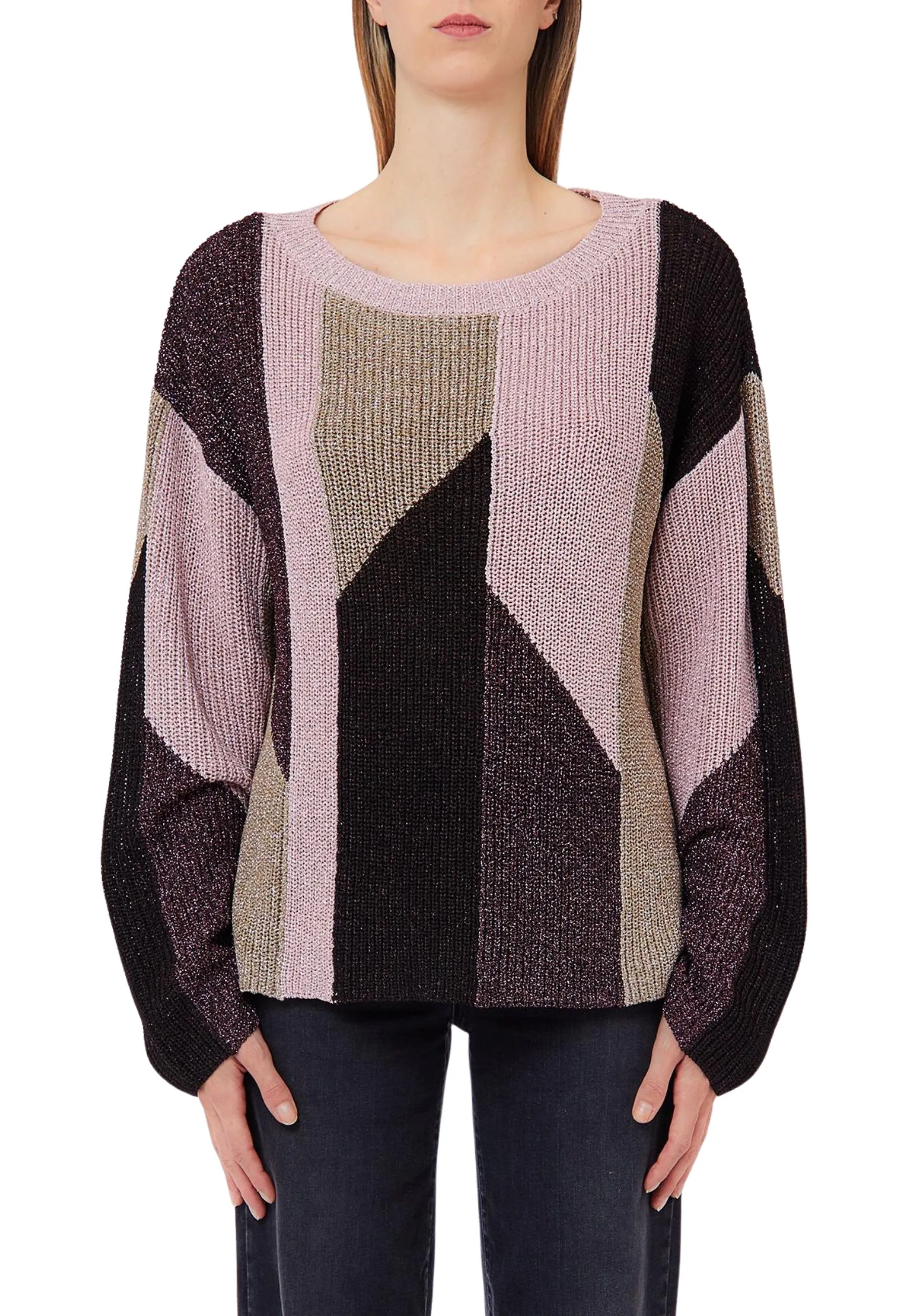 MAGLIA GIROCOLLO A INTARSIO IN LAME' CON FILATI MULTICOLOR DONNA ROSA