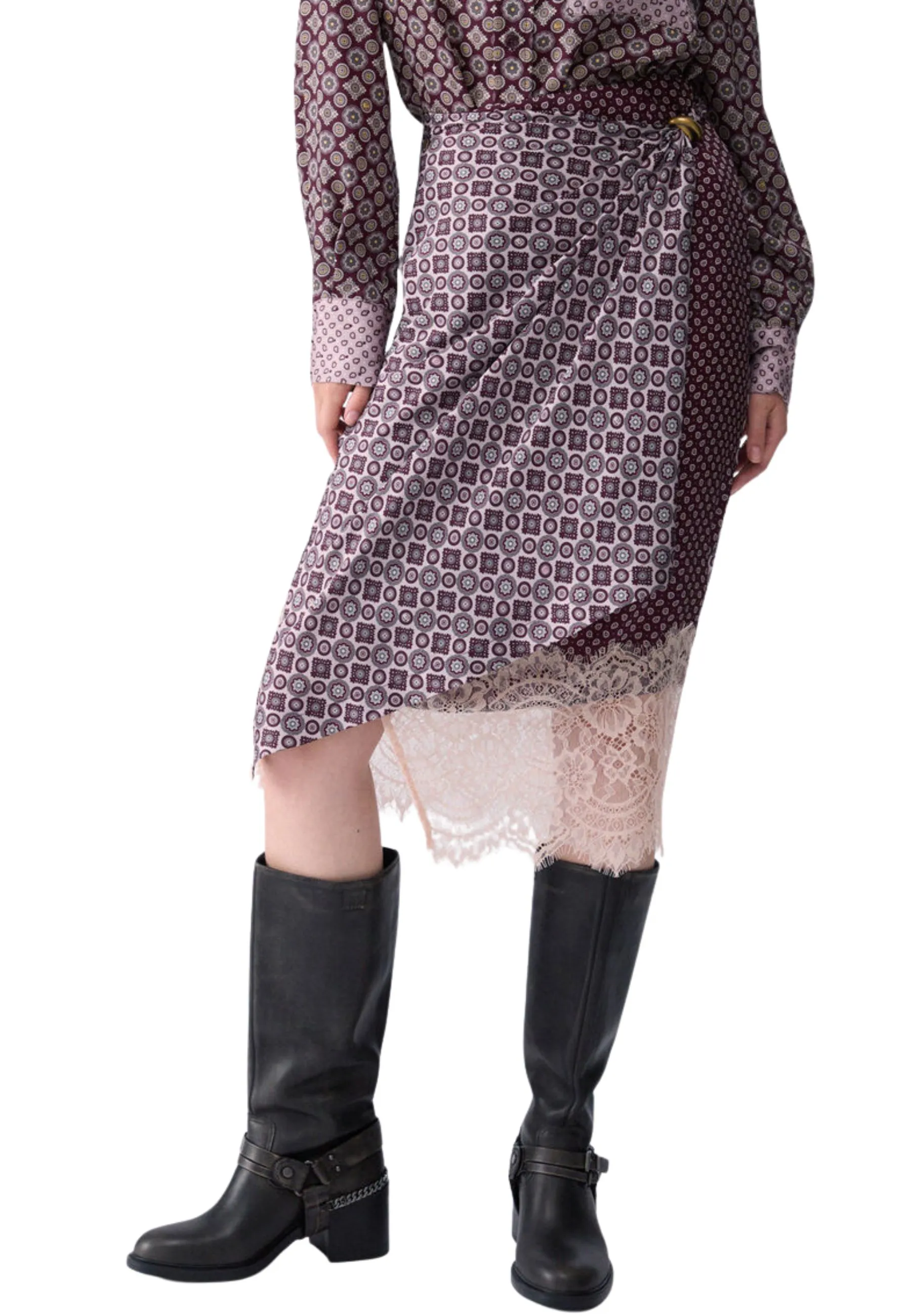 GONNA MIDI LONGUETTE CON DRAPPEGGI E DETTAGLI IN PIZZO DONNA MELANZANA