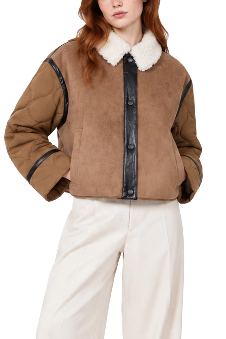 GIACCA CORTA CROP EFFETTO SUEDE CON INSERTI TRAPUNTATI DONNA MARRONE
