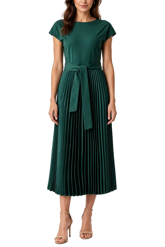 VESTITO LUNGO FIT AND FLARE CON GONNA PLISSÉ DONNA VERDE