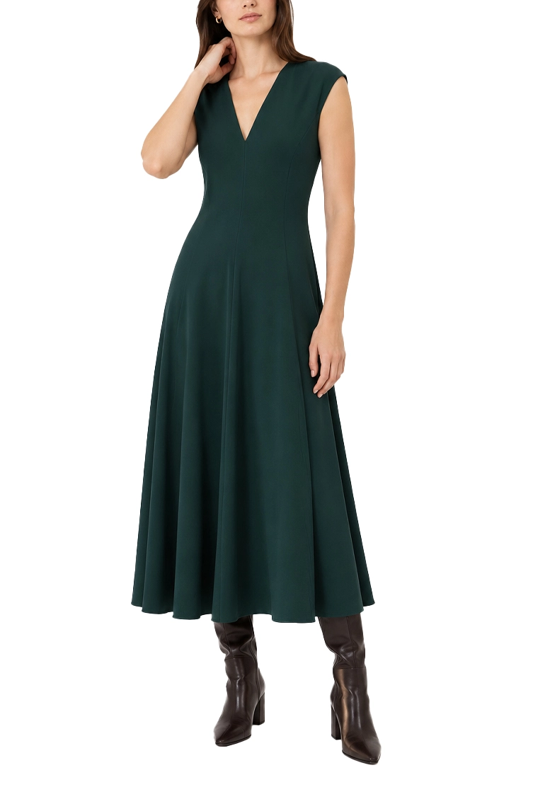 VESTITO LUNGO SMANICATO SVASATO CON SCOLLO A V DONNA VERDE
