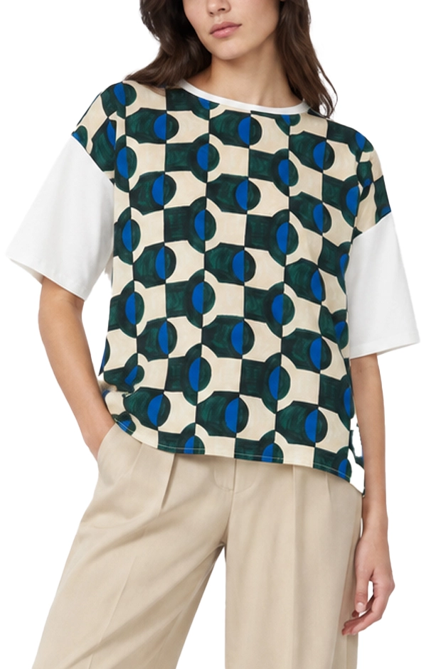 T-SHIRT MANICA CORTA IN COTONE CON INSERTO FRONTALE IN SETA DONNA