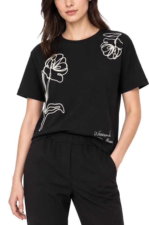 T-SHIRT MANICA CORTA IN COTONE CON RICAMI E STAMPE DONNA NERO