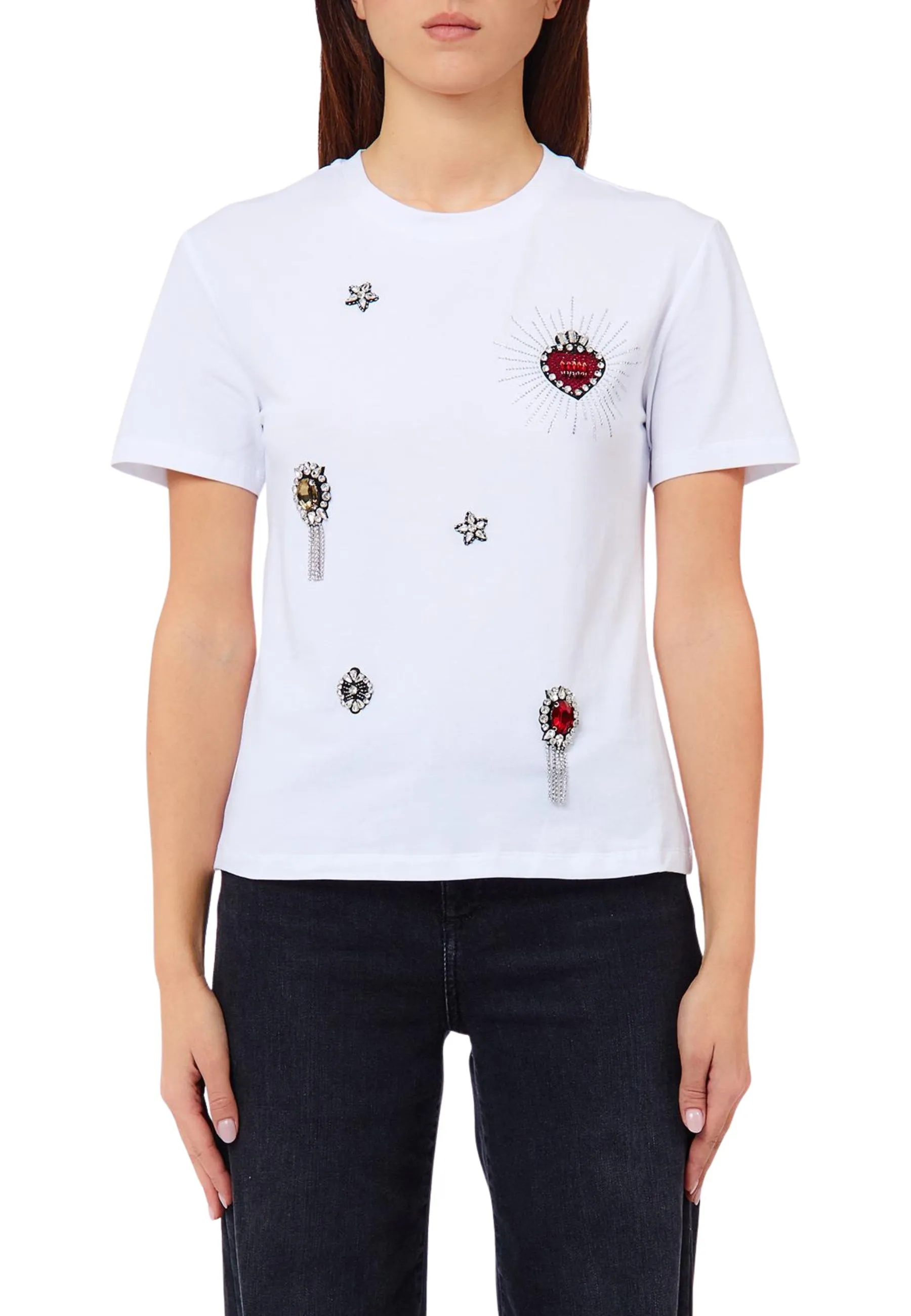 T-SHIRT MANICHE CORTE CON APPLICAZIONI GIOIELLO DONNA BIANCO