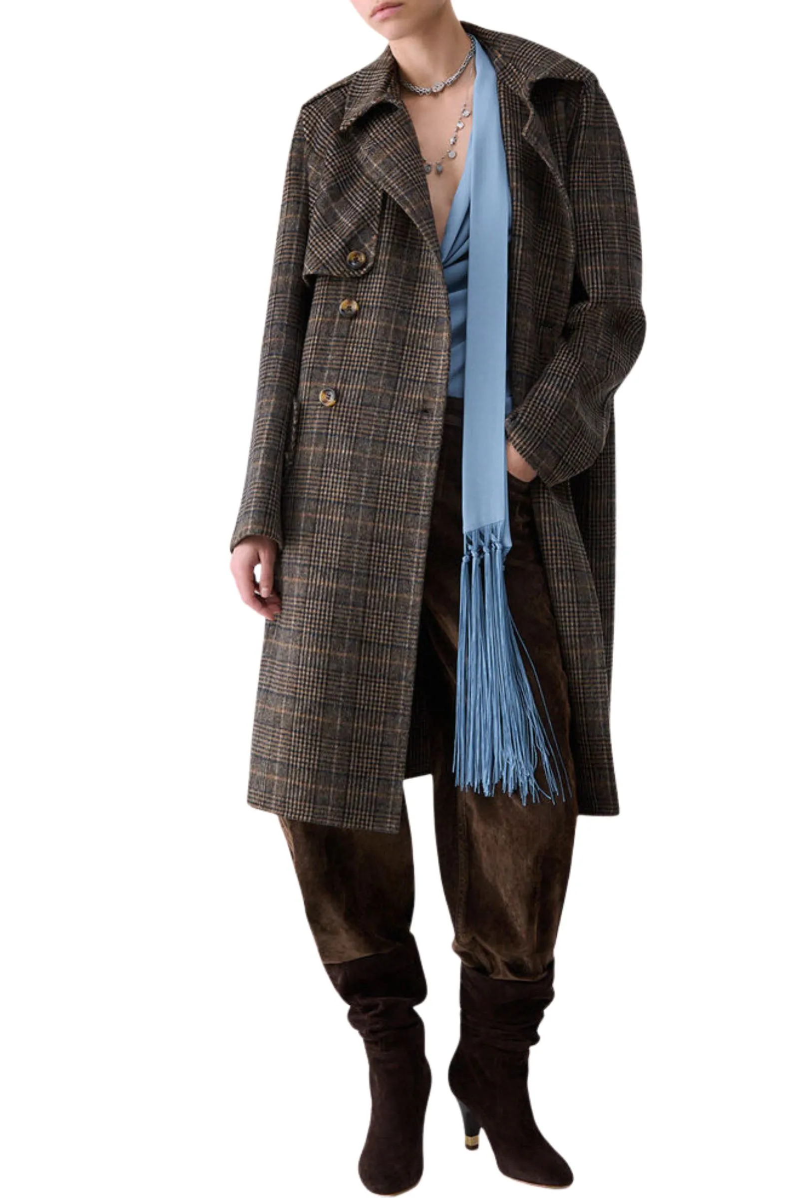 CAPPOTTO LUNGO IN PANNO DOUBLE IN MISTO LANA DONNA CAMEL CHECK