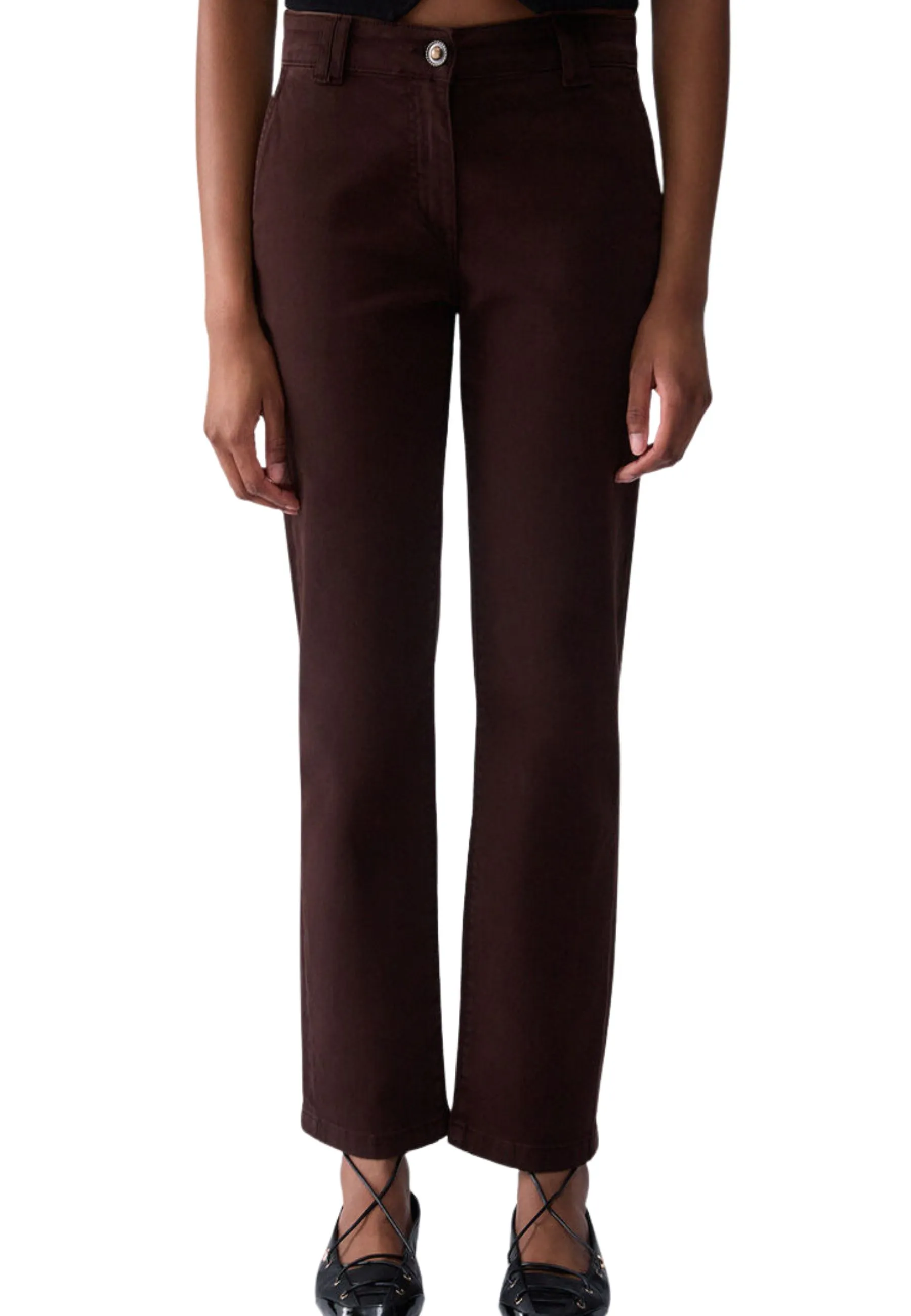 PANTALONE CHINO E A SIGARETTA CON BOTTONE GIOIELLO DONNA MARRONE