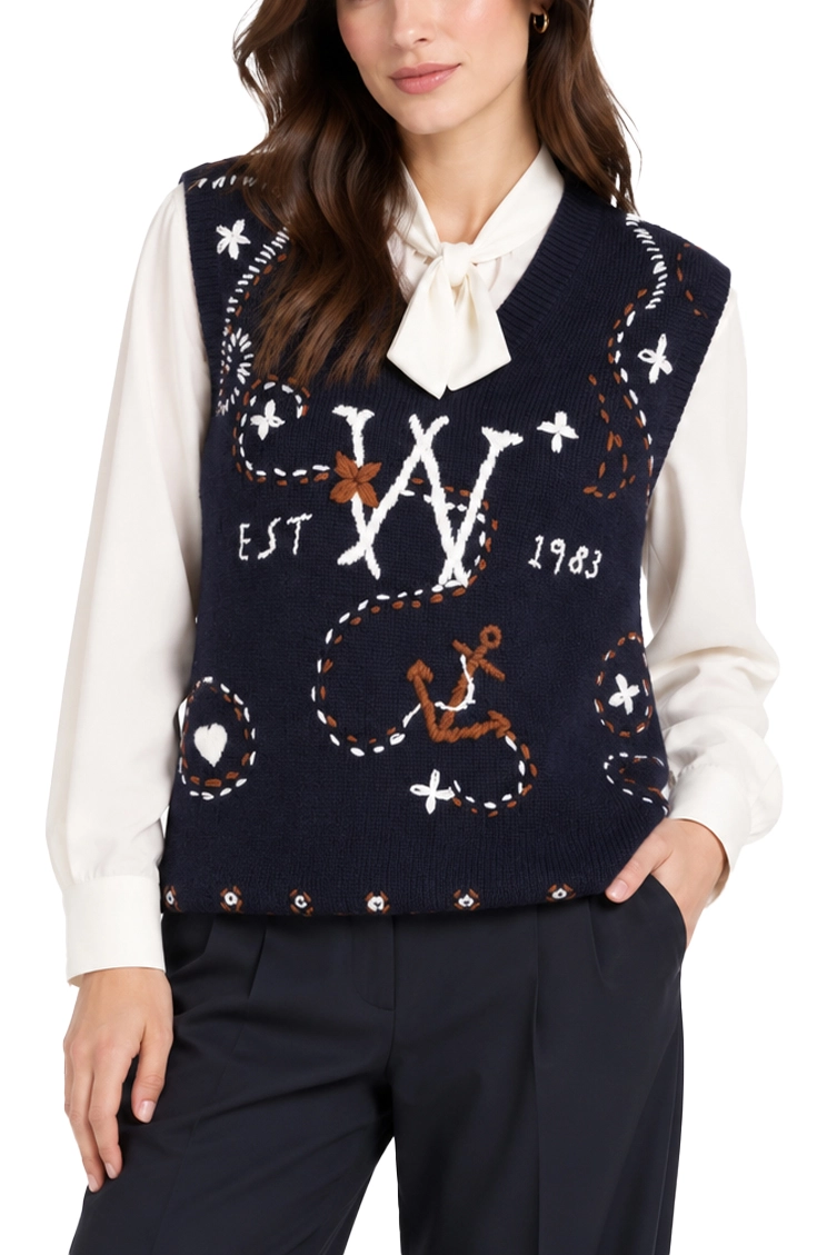 GILET IN PURA LANA CON RICAMI DONNA BLU