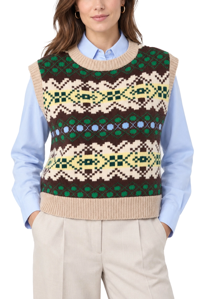 GILET BOXY IN PURA LANA CON JACQUARD NORDICO DONNA MARRONE