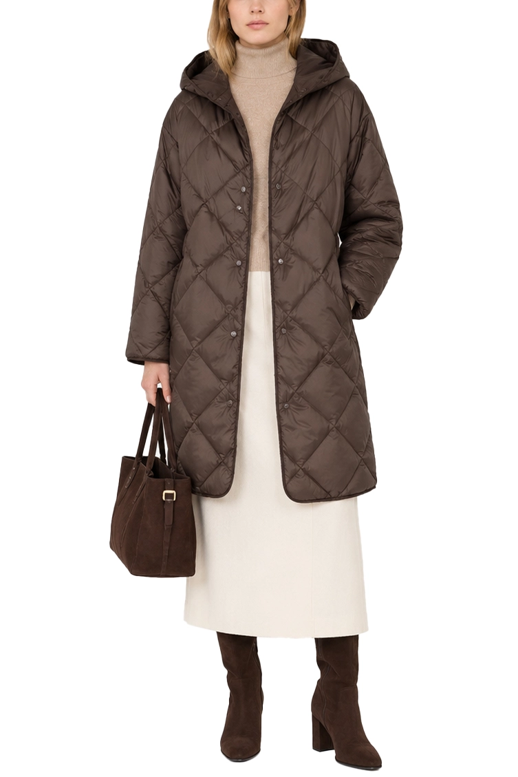 PIUMINO MIDI REVERSIBILE CON CAPPUCCIO E CINTURA DONNA MARRONE